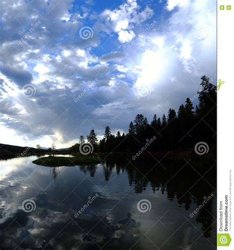 Lake Silhouette Pine Trees Clouds And Water Stock Image Image Of
