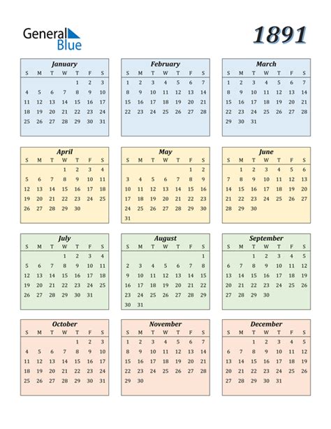 1891 Calendar Pdf Word Excel