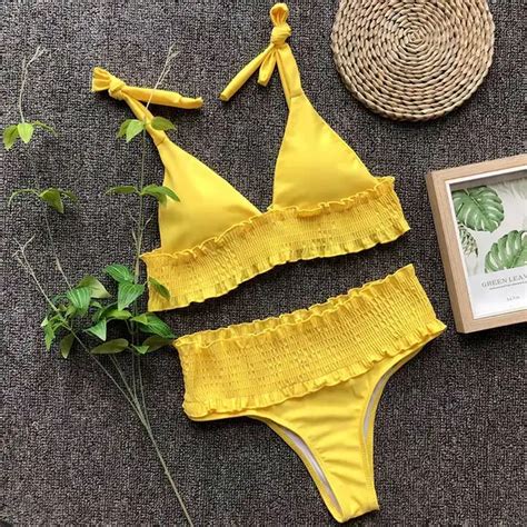 Buy Yellow Swimwear Women Bathing Suit Beach Ruffle