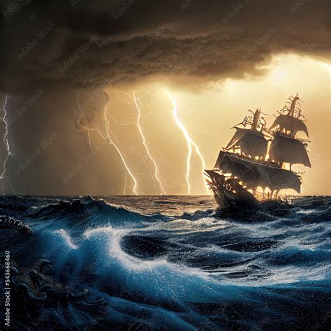 A Fantasy Sailing Ship Sail On Stormy Ocean With Big Waves Splashing