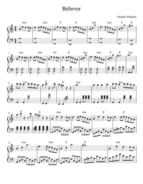 Believer Imagine Dragons Piano Version Sheet Music For Piano