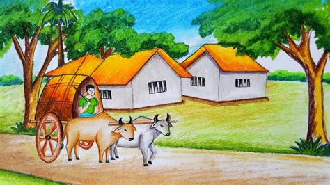 Смотреть видео про village house drawing picture. How to draw scenery of bullock cart with oil pastel.Step ...