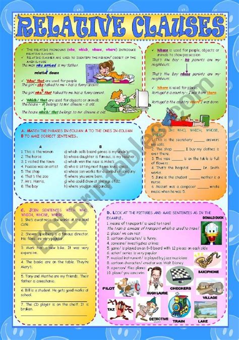 By manjusha nambiar · november 4, 2016. Relative Clauses - ESL worksheet by paula_esl in 2020 ...