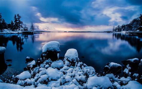 배경 화면 아름다운 밤 눈 스톡홀름 스웨덴 침착 호수 추운 겨울 푸른 하늘 1920x1200 Hd 그림 이미지