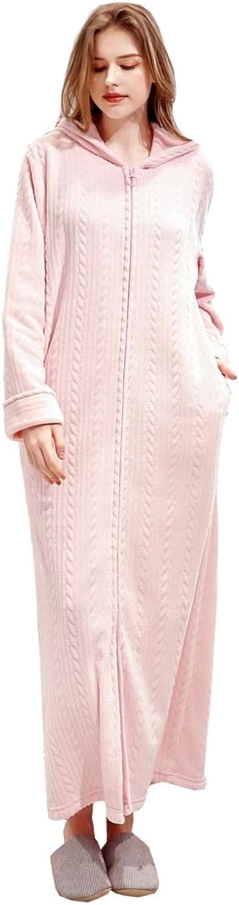 Kinow Women Long Hooded Dressing Gown Zip Fleece Bath Robes Soft Bathrobe Loungewear