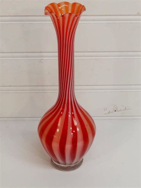 Vintage Hand Blown Glass Bud Vase Ruffled Red And White