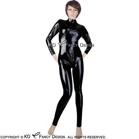 Black Sexy Latex Catsuit With Back To Crotch Zipper Slant Breasts Zip