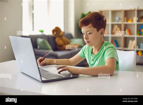 Online Education Focused Boy Watching Lesson On Laptop And Taking