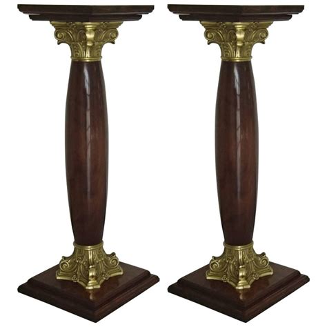 Midcentury Decorative Pair Of Pedestals Walnut With Brass For Sale At