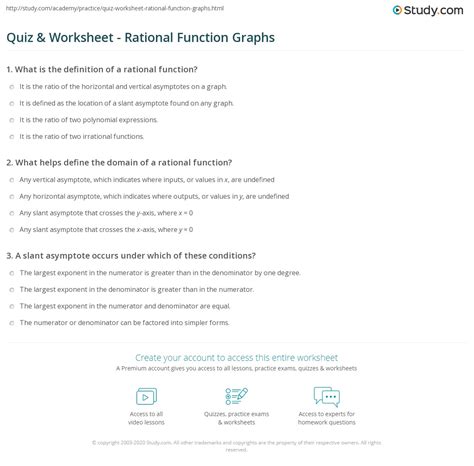 Quiz And Worksheet Rational Function Graphs