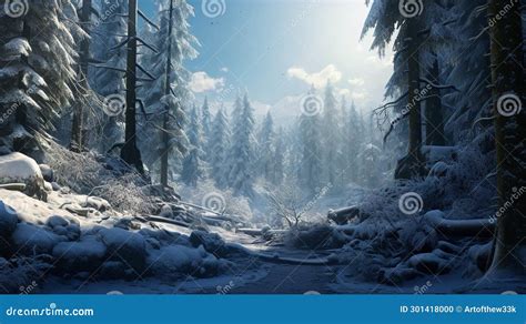 A Winter Wonderland Scene With Trees Snowflakes And Ice Formations