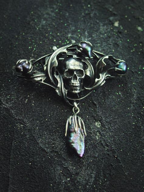 Gothic Brooch With Skull And Black Thistle Sterling Silver Etsy