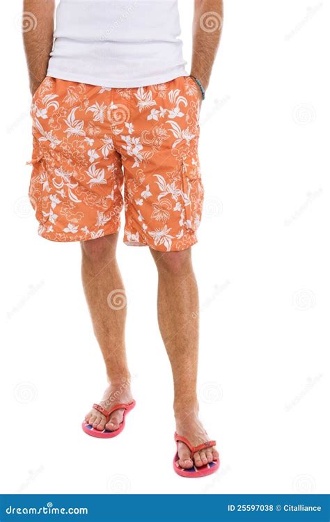 Closeup On Legs Of Male In Shorts And Flip Flops Stock Photo Image Of