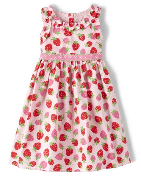Girls Sleeveless Strawberry Print Ruffle Poplin Dress Strawberry Patch