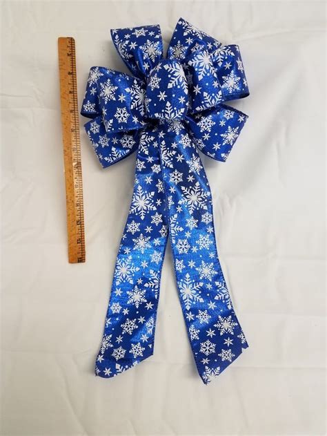 10 Large Royal Blue With White Snowflakes Wired Etsy Christmas Bows