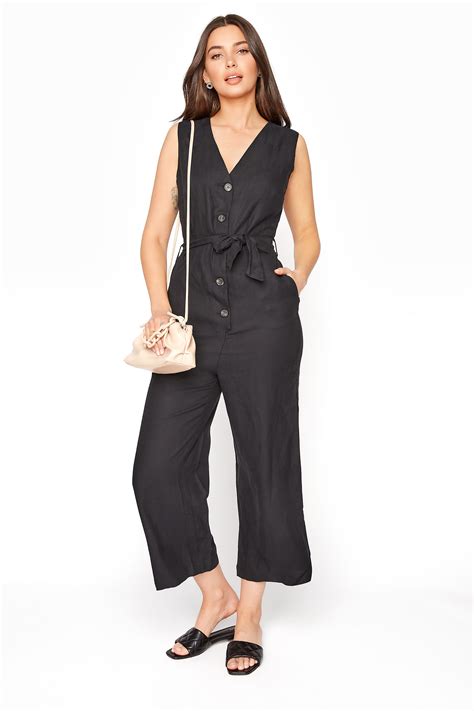 Black Linen Blend Button Front Cropped Jumpsuit Long Tall Sally