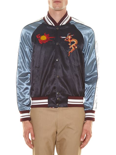 Men satin baseball jacket patchwork design new 2018 mens stand collar bomber jacket streetwear contrast color. Valentino Dragon-embroidered Satin Baseball Jacket in Blue ...