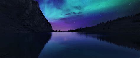 2560x1080 Aurora Borealis Northern Lights Over Mountain Lake 2560x1080