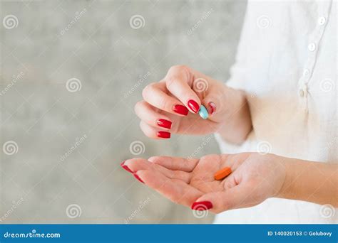 Medication Healthcare Woman Holding Pills Hands Stock Image Image Of