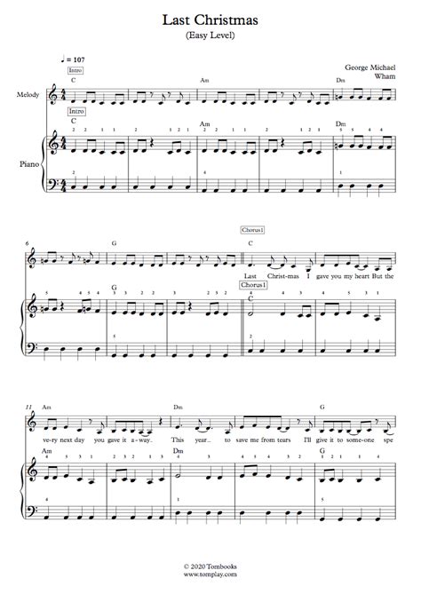 Chords indications, lyrics may be included. Piano Sheet Music Last Christmas (Easy Level, with Orchestra) (Michael George)