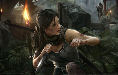 Обои мост, оружие, джунгли, нож, Tomb Raider, Лара Крофт, факелы, Stealth, game wallpapers, Lara ...