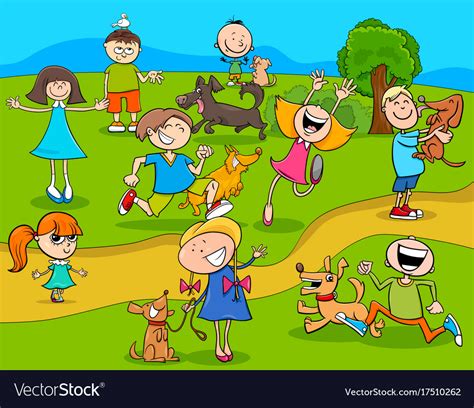 Cartoon Kids With Dogs In Park Royalty Free Vector Image