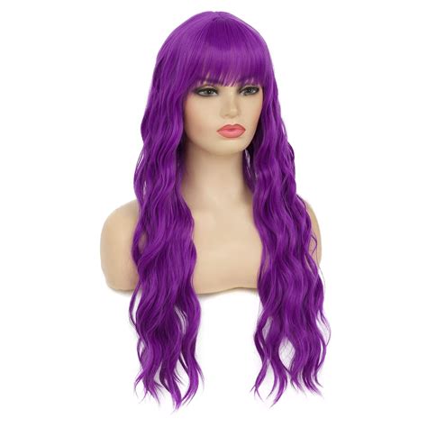 Baruisi Long Wavy Purple Wigs With Bangs Natural Synthetic Heat
