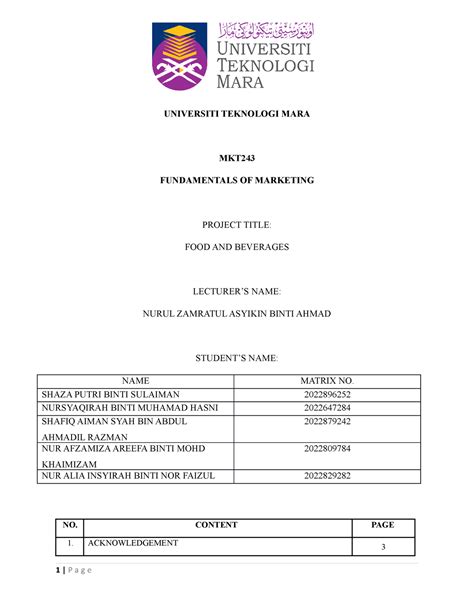 Mkt Written Report Fnb Universiti Teknologi Mara Mkt Fundamentals