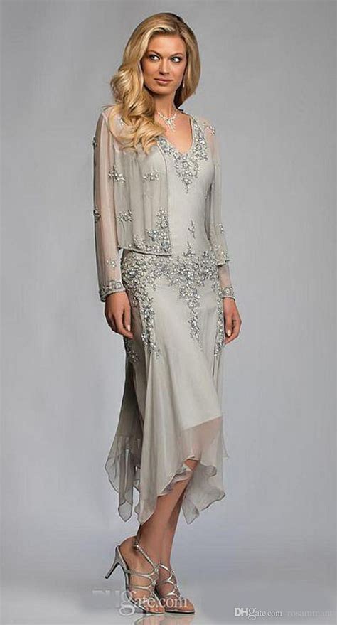 Gorgeous Silver Grey Chiffon Appliques Lace Tea Length Mother Of The