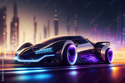 Tuned Sport Car Cyberpunk Sports Car On Neon Highway Powerful Acceleration Of A Supercar On A
