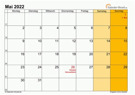 Mai 2022 Kalender Mit Feiertagen