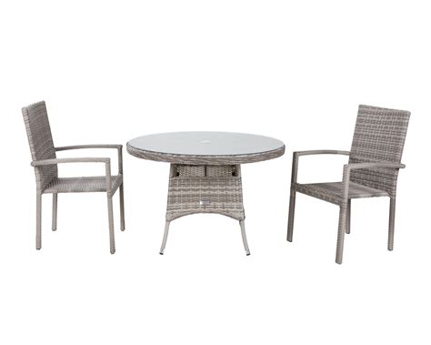 Small Round Rattan Garden Dining Table And 2 Stackable Chairs In Grey