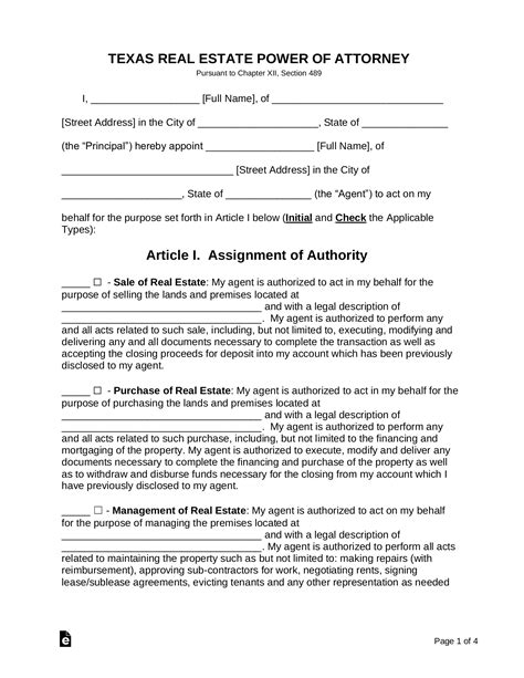 Free Texas Real Estate Power Of Attorney Form Pdf Word Eforms
