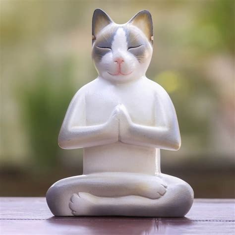 Cat In Meditation Handmade Kitten Kitty Prayer Zen Buddhist White Gray