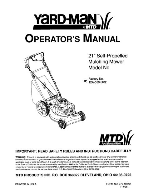 Mtd 12a 559k402 User Manual Lawn Mower Manuals And Guides L9910200