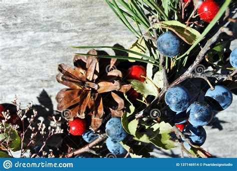 Christmas Wreath With Wild Berries Thorn Berries And Dog Rose Berries, Pine With Cones, Gray ...