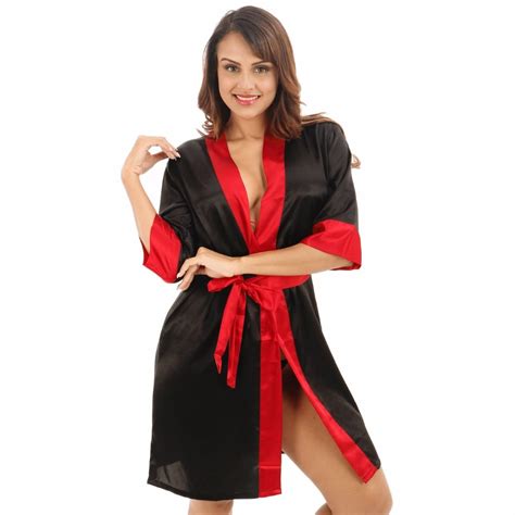 Sexy Black Womens Short Satin Robe Red Collar Bathrobe Kimono Yukata