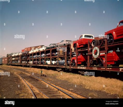 1960 1960s New Cars And Trucks Transported On Northern Pacific Railroad