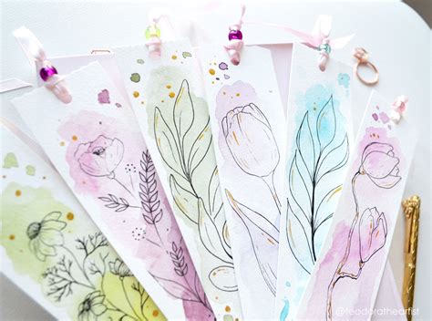 Floral Handmade Watercolor Bookmarks With Botanical Line Art Etsy