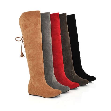Women Winter Hot Stretch Shoes Suede Fashion Flat Round Toe Over Knee Boots Flange Tassels Thigh