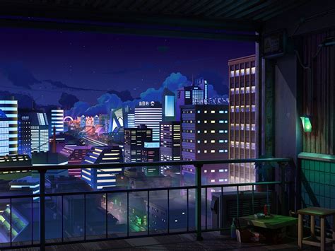 Download Anime Cityscape Night Buildings Balcony Stars Jazz Hop Cafe