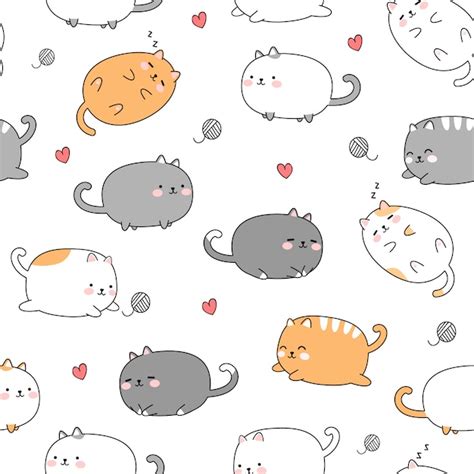 Premium Vector Cute Fat Cat Kitten Cartoon Doodle Seamless Pattern