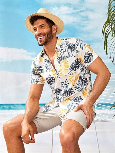Men Tropical Print Curved Hem Hawaiian Shirt Shein Usa Beach Outfit