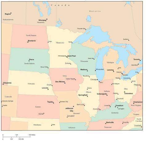 Usa Midwest Region Map With State Boundaries Capital And Major Cities