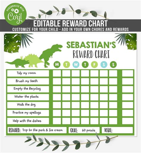 Editable Dinosaur Reward Chart Dinosaur Kids Chore Chart Kids Etsy