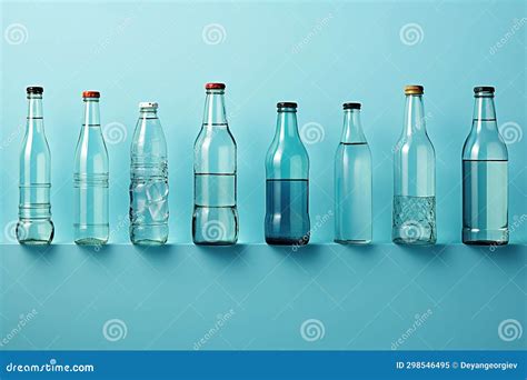 A Row Of Glass Water Bottles With Water In Them Bottles On Blue Flat