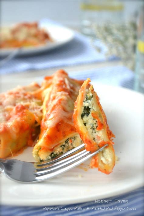 Vegetable Lasagna Rolls With Roasted Red Pepper Sauce