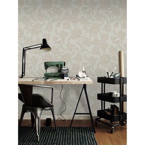 Metallic tiles marble white 11.5 in. Subtle Beige Flowers Wallpaper, wall mural - ColorayDecor.com