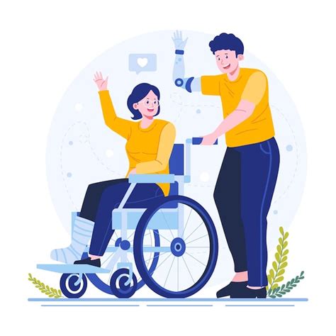 Premium Vector Disabled Man Helping Woman Push Wheelchair