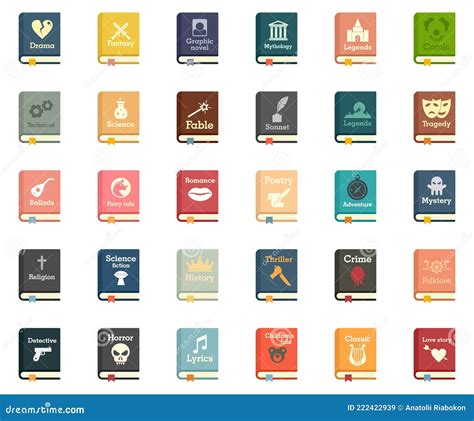 Set Of Literary Genres Flat Line Icons Vector Illustration